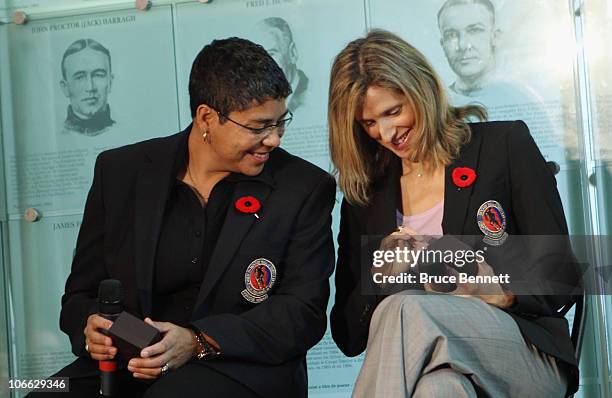 Angela James and Cammi Granato share a moment looking at their new Hall rings at the media opportunity prior to their induction ceremony at the...