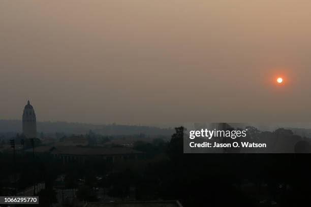 Smoke from the Camp Fire hangs over the Stanford University campus before the game between the Stanford Cardinal and the Oregon State Beavers at...