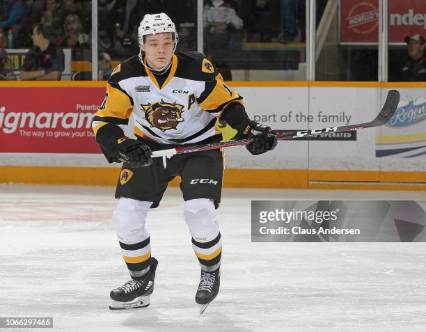 Matthew Strome of the Hamilton Bulldogs skates against the Peterborough Petes in an OHL game at the Peterborough Memorial Centre on November 10, 2018...