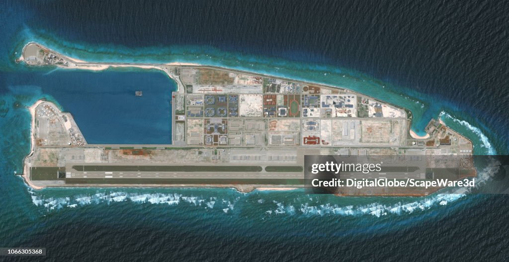 AUGUST 15, 2018: DigitalGlobe overview imagery of the Fiery Cross Reef located in the South China Sea. Fiery Cross is located in the western part of the Spratly Islands group.