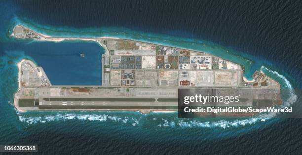 DigitalGlobe via Getty Images overview imagery of the Fiery Cross Reef located in the South China Sea. Fiery Cross is located in the western part of...