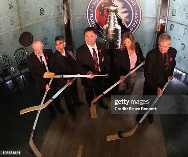 Jimmy Devellano Angela James, Dino Ciccarelli, Cammi Granato, and Bob Seaman , appear at a media opportunity prior to their induction ceremony to the...