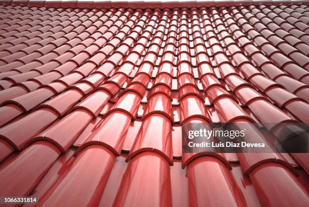 red wet tiles roof of a house - waterproof photos et images de collection