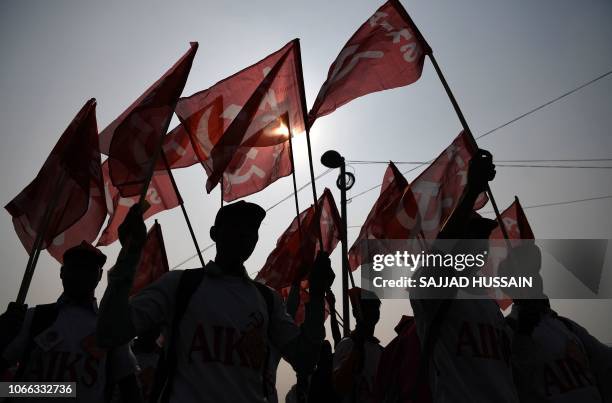 Indian farmers take part in a march organised by the All India Kisan Sabha organization and Communist Party of India alongwith other leftist groups...