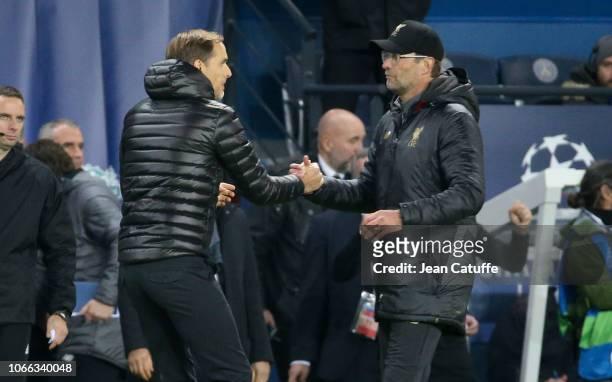 Coach of PSG Thomas Tuchel greets coach of Liverpool Jurgen Klopp following the UEFA Champions League Group C match between Paris Saint-Germain and...