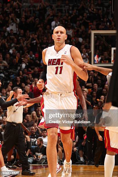 Zydrunas Ilgauskas of the Miami Heat runs onto court during the game against the Orlando Magic at the American Airlines Arena on October 29, 2010 in...