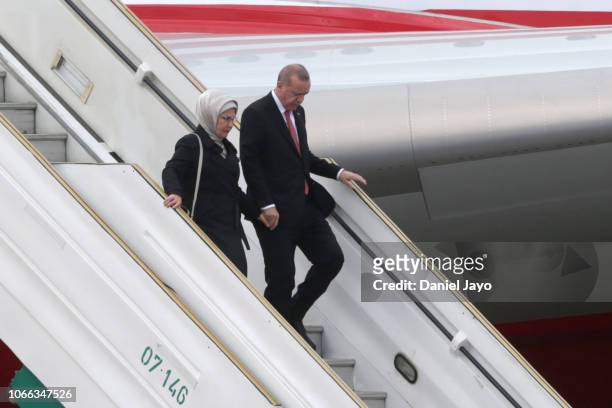 President of Turkey Recep Tayyip Erdogan and First Lady of Turkey Emine Erdogan get off a plane on their arrival to Buenos Aires for G20 Leaders'...