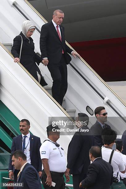 President of Turkey Recep Tayyip Erdogan and First Lady of Turkey Emine Erdogan get off a plane on their arrival to Buenos Aires for G20 Leaders'...