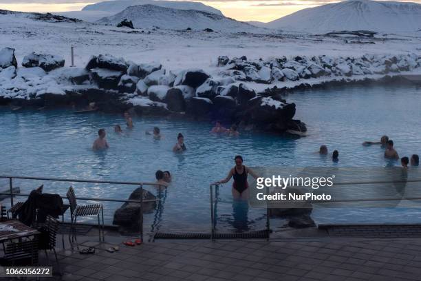 The outdoor thermal baths are one of the tourist attractions of Lake Myvatn in the northern part of Iceland.