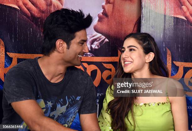 Indian Bollywood actors Sushant Singh Rajput and Sara Ali Khan attend a promotional event for their upcoming romantic drama Hindi film 'Kedarnath' in...