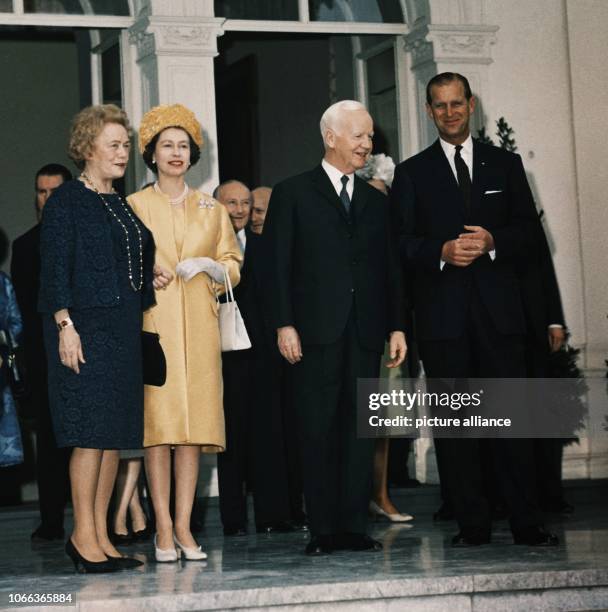 Queen Elizabeth II of Britain and her husband Prince Philip visit German President Heinrich Luebke and his wife Wilhelmine at Villa Hammerschmidt on...