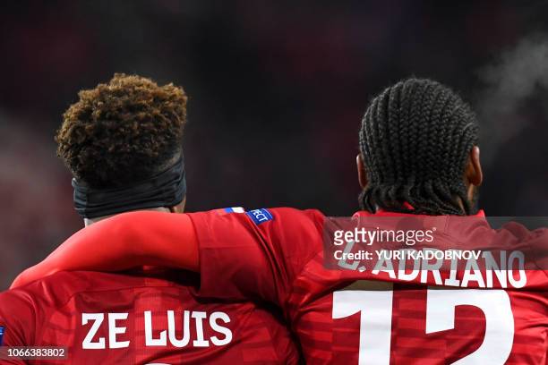 Spartak Moscow's Cape Verdean forward Ze Luis celebrates with Spartak Moscow's Brazilian forward Luiz Adriano after scoring a goal during the UEFA...