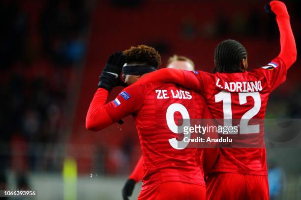 Ze Luis of Spartak Moscow and Luiz Adriano celebrate after a goal during UEFA Europa League Group G soccer match between Spartak Moscow and Tapid...