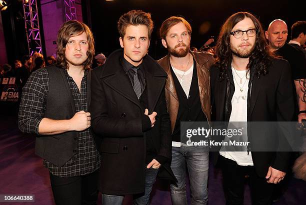 Musicians Matthew Followill, Jared Followill, Caleb Followill and Nathan Followill of Kings of Leon attend the MTV Europe Awards 2010 at the La Caja...