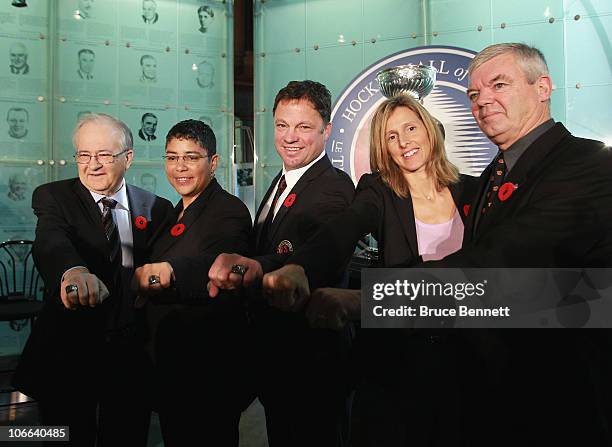 Jimmy Devellano, Angela James, Dino Ciccarelli, Cammi Granato, and Bob Seaman , appear at a media opportunity prior to their induction ceremony to...