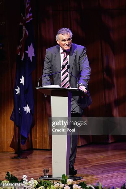 Adam Bonynge, the son of Dame Joan Sutherland, speaks during the Dame Joan Sutherland Memorial Service at the Sydney Opera House on November 9, 2010...