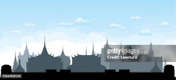 grand palace and wat pho, bangkok - bangkok skyline day stock illustrations