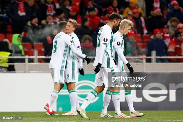 Mert Muldur of Rapid Wien and team players celebrates after a goal during UEFA Europa League Group G soccer match between Spartak Moscow and Rapid...