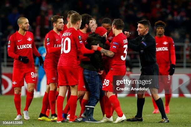 Pitch invader is seen during UEFA Europa League Group G soccer match between Spartak Moscow and Rapid Wien at the Stadion Spartak in Moscow, Russia...