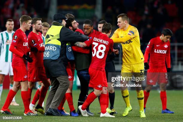 Pitch invader is seen during UEFA Europa League Group G soccer match between Spartak Moscow and Rapid Wien at the Stadion Spartak in Moscow, Russia...