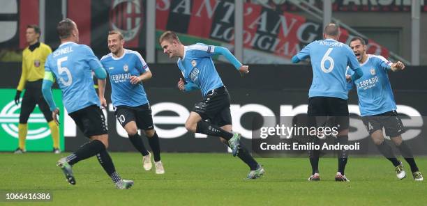 Dave Turpel of F91 Dudelange celebrates his goal with his team-mates during the UEFA Europa League Group F match between AC Milan and F91 Dudelange...