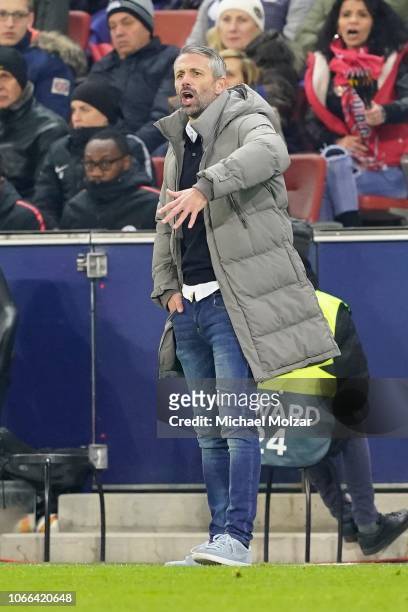 Head Coach Marco Rose of Salzburg reacts during the UEFA Europa League Group B match between FC Salzburg and RB Leipzig at Red Bull Arena on November...