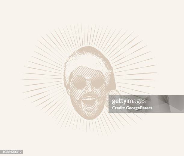 happy young hipster man wearing santa hat and sunglasses - close up man laughing stock illustrations
