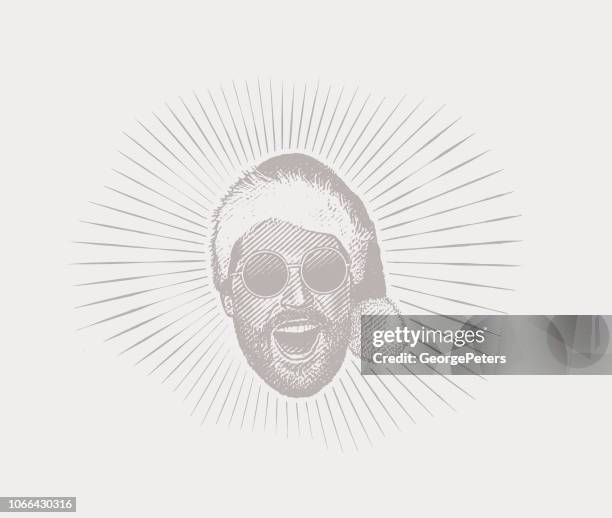 happy young hipster man wearing santa hat and sunglasses - tache sang stock illustrations