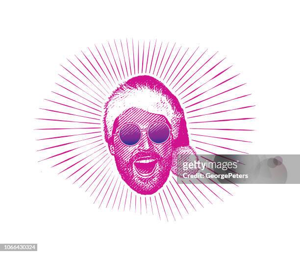 happy young hipster man wearing santa hat and sunglasses - tache sang stock illustrations