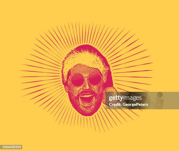 happy young hipster man wearing santa hat and sunglasses - close up man laughing stock illustrations