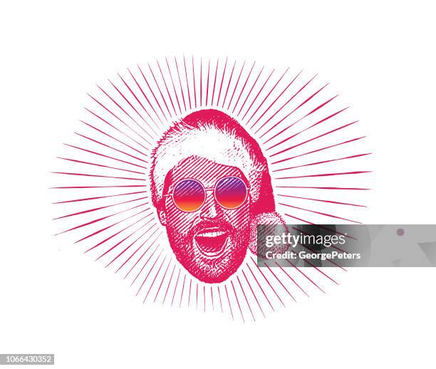 happy young hipster man wearing santa hat and sunglasses - close up man laughing stock illustrations
