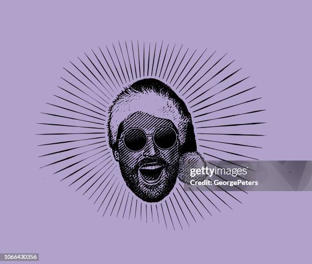 happy young hipster man wearing santa hat and sunglasses - close up man laughing stock illustrations