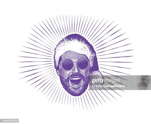 happy young hipster man wearing santa hat and sunglasses - close up man laughing stock illustrations