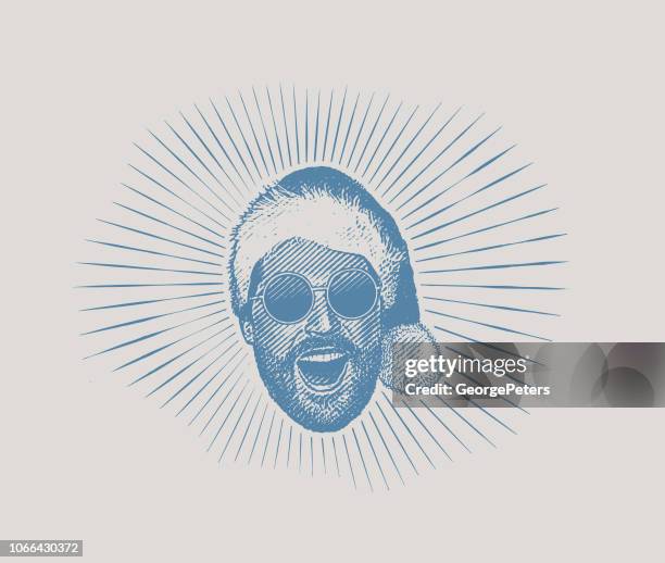 happy young hipster man wearing santa hat and sunglasses - close up man laughing stock illustrations