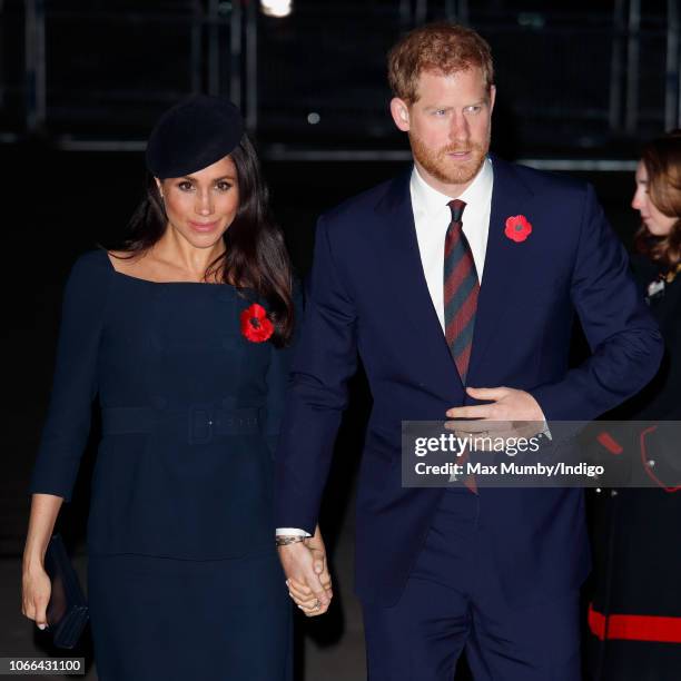 Meghan, Duchess of Sussex and Prince Harry, Duke of Sussex attend a service to mark the centenary of the Armistice at Westminster Abbey on November...