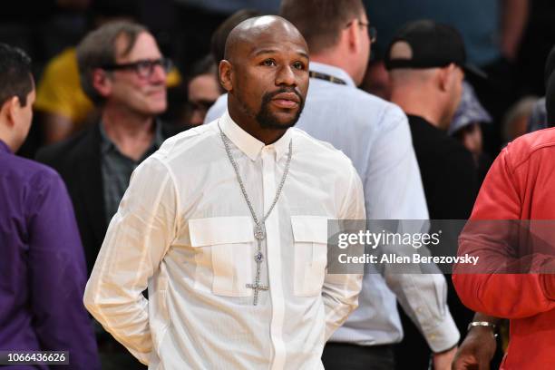 Floyd Mayweather Jr. Attends a basketball game between the Los Angeles Lakers and the Atlanta Hawks at Staples Center on November 11, 2018 in Los...