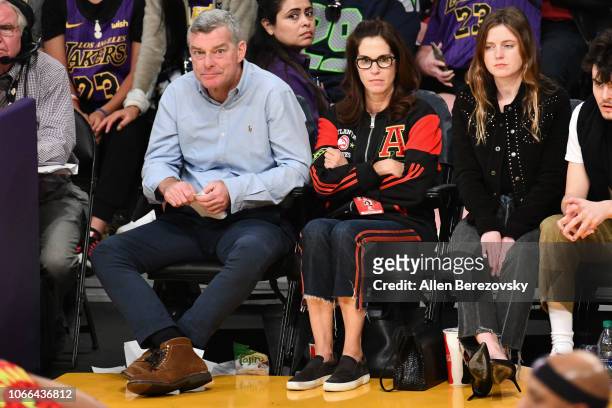 Antony Ressler and Jami Gertz attend a basketball game between the Los Angeles Lakers and the Atlanta Hawks at Staples Center on November 11, 2018 in...