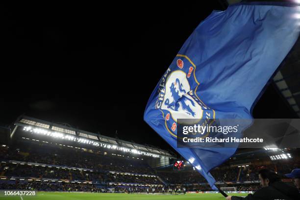 Chelsea flag is seen as the teams walk out prior to the UEFA Europa League Group L match between Chelsea and PAOK at Stamford Bridge on November 29,...