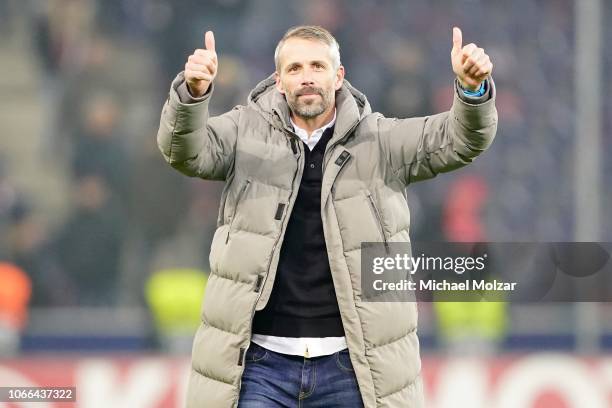 Head Coach Marco Rose of Salzburg is celebrating during the UEFA Europa League Group B match between FC Salzburg and RB Leipzig at Red Bull Arena on...