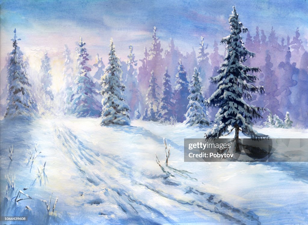 Oil painted winter forest