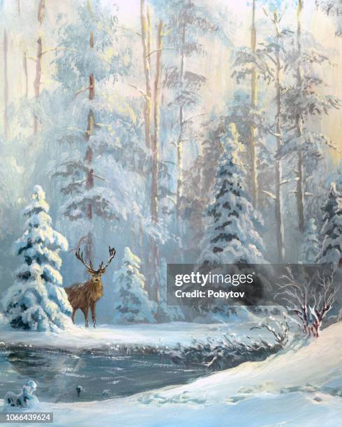 ilustrações, clipart, desenhos animados e ícones de óleo pintado floresta de inverno - conífera