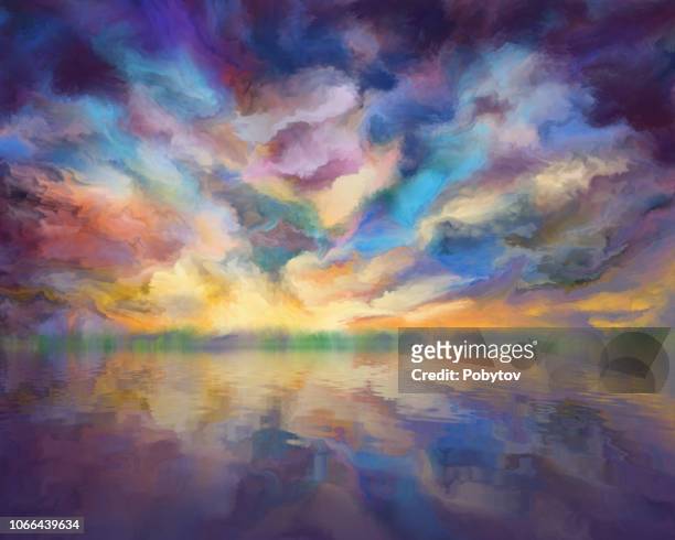 dramatic clouds reflected in the water, painting - painted image stock illustrations