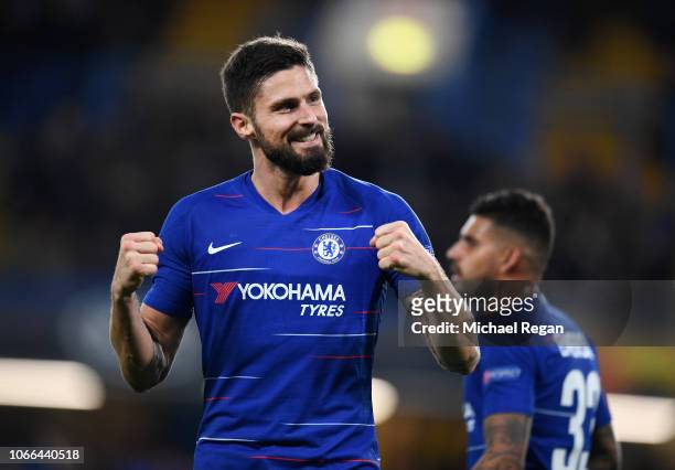 Olivier Giroud of Chelsea celebrates after scoring his team's first goal during the UEFA Europa League Group L match between Chelsea and PAOK at...