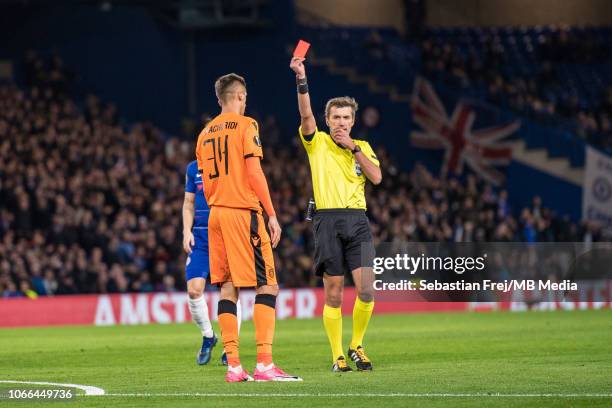Yevhen Khacheridi of PAOK received red card during the UEFA Europa League Group L match between Chelsea and PAOK at Stamford Bridge on November 29,...