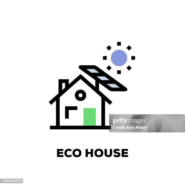 stockillustraties, clipart, cartoons en iconen met eco line huisje - zonne energiecentrale