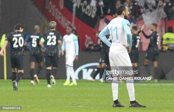 Marseille's Greek forward Konstantinos Mitroglou reacts after the 4-0 during the UEFA Europa League group H football match Eintracht Frankfurt v...