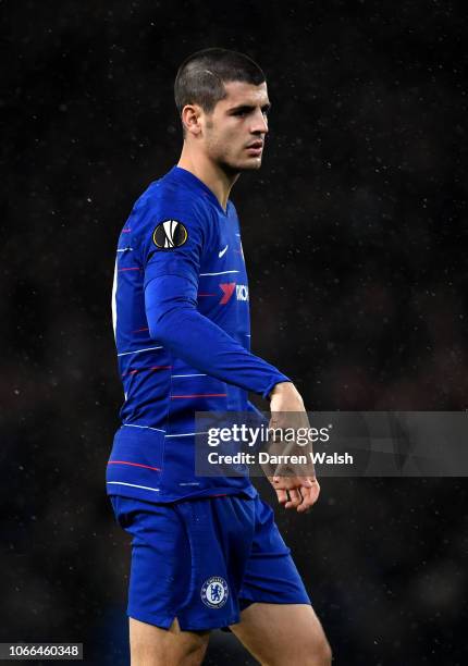 Alvaro Morata of Chelsea celebrates after scoring his team's fourth goal during the UEFA Europa League Group L match between Chelsea and PAOK at...