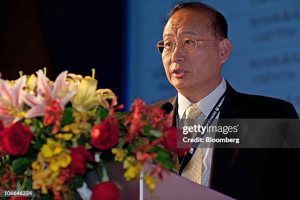 Niu Ximing, president of Bank of Communications Co Ltd., speaks at the World Shipping Summit in Guangzhou, Guangdong Province, China, on Tuesday,...