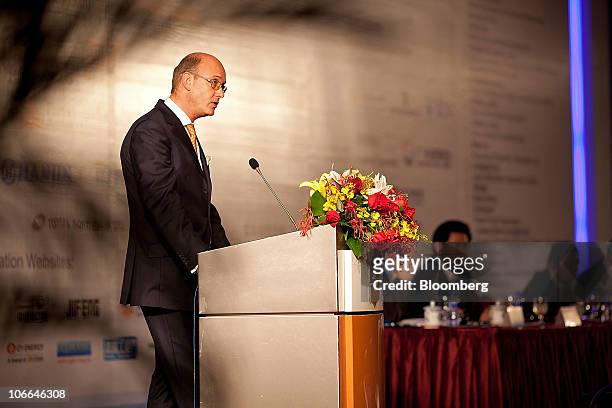Robert Lorenz-Meyer, president of the Baltic and International Maritime Council , speaks at the World Shipping Summit in Guangzhou, Guangdong...