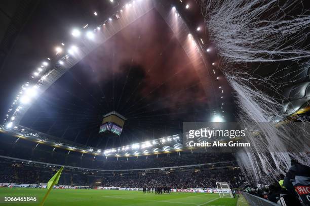 General view inside the stadium as the Eintracht Frankfurt team celebrate victory after the UEFA Europa League Group H match between Eintracht...